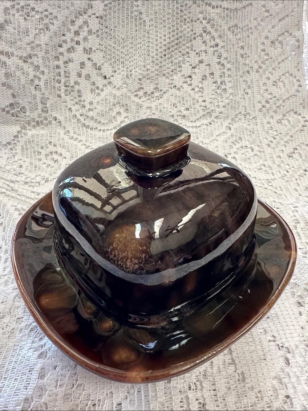 Vintage MCM Beauce Pottery Brown & Moss Green Glazed Butter Dish with Lid